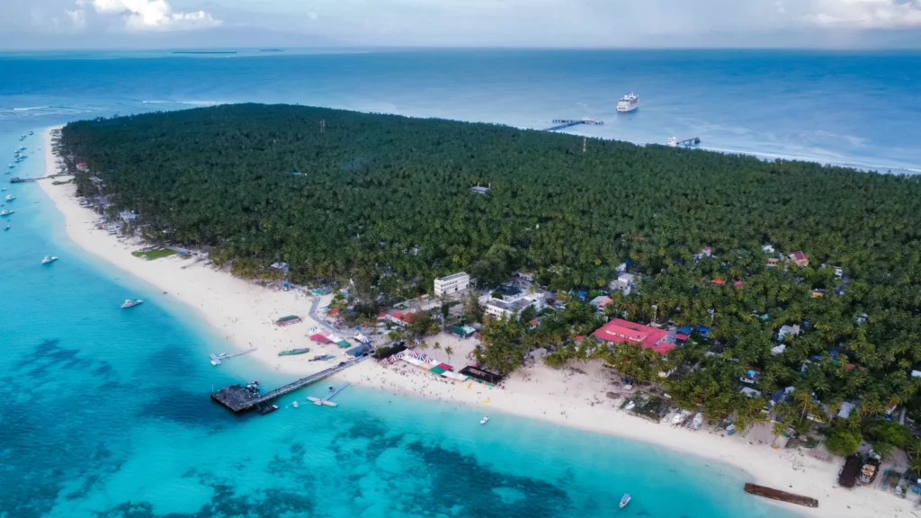 Island coastline and turquoise lagoon
