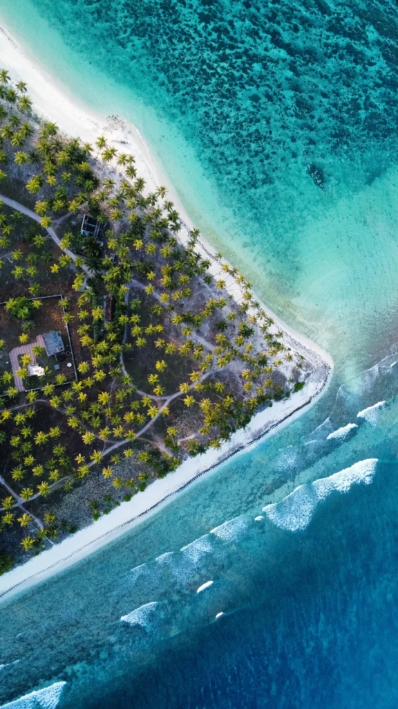 Aerial island shoreline and coral reef