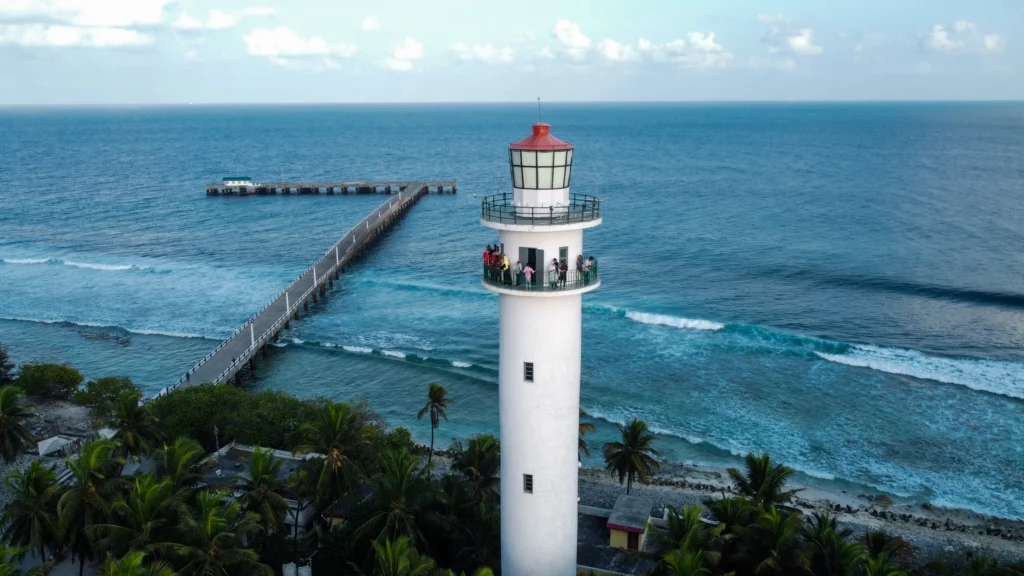 Kavaratti Island lighthouse and reef coastline